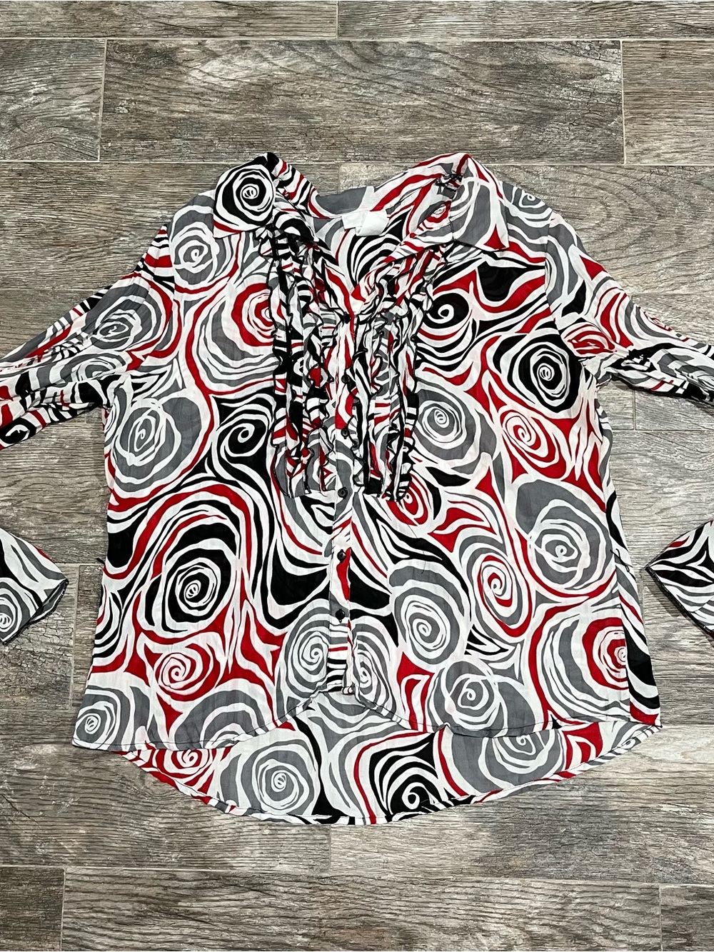 Women’s Red, Black & Gray Swirl Print Ruffle Front Blouse